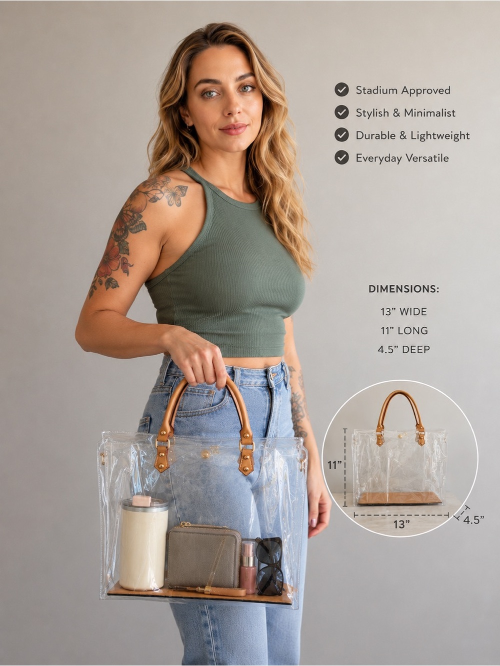 Clear PVC Stadium Tote Bag with Tan Handles Transparent Carryall Purse